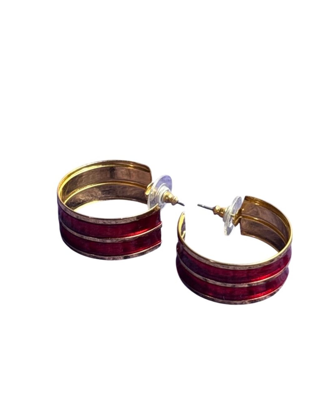 Vintage Red Enamel Goldtone Open Hoop Earrings 1.25 inches